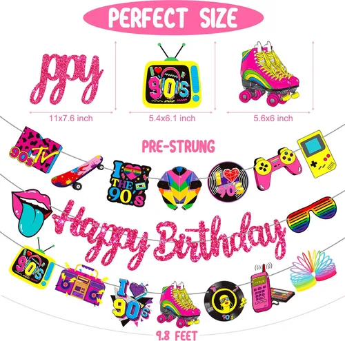 Miniatura 3 de Pancartas de fiesta de cumpleaños temáticas de los años 90, decoraciones retro de fiesta de cumpleaños de los años 90, decoraciones de regreso a