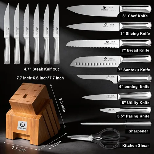 Miniatura 7 de imarku Juego de cuchillos de cocina con bloque y afilador, 16 piezas de acero inoxidable japonés de alto carbono ultra afilado, mango ergonómico