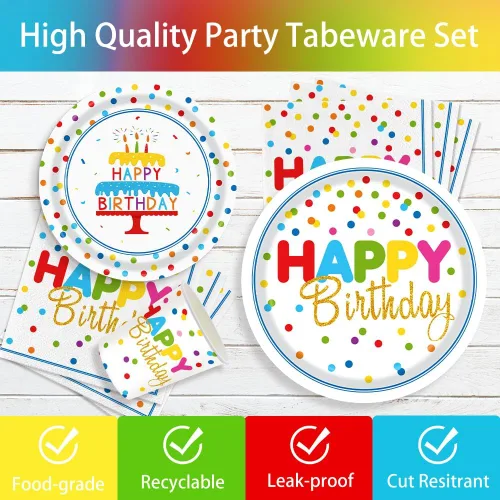 Miniatura 6 de Juego de 140 piezas de suministros para fiesta de cumpleaños con diseño colorido de lunares, incluye platos desechables de cumpleaños y servilletas