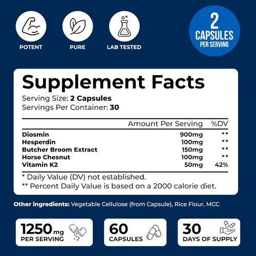 Miniatura 2 de We Like Vitamins Vein Vitality 1250mg Complejo de diosmina Hesperidina para tratamiento de venas varicosas, castaño de indias, escoba de carnicero
