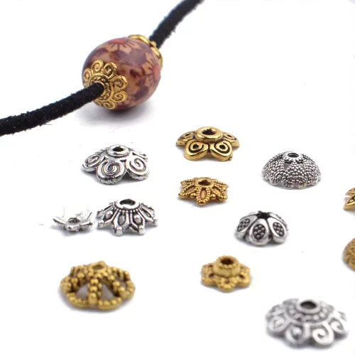 Miniatura 5 de 3.53 oz (200-350 piezas) tapas de cuentas de flores de metal mixto, cuentas espaciadoras, joyas estilo Bali, hallazgos para manualidades, Oro