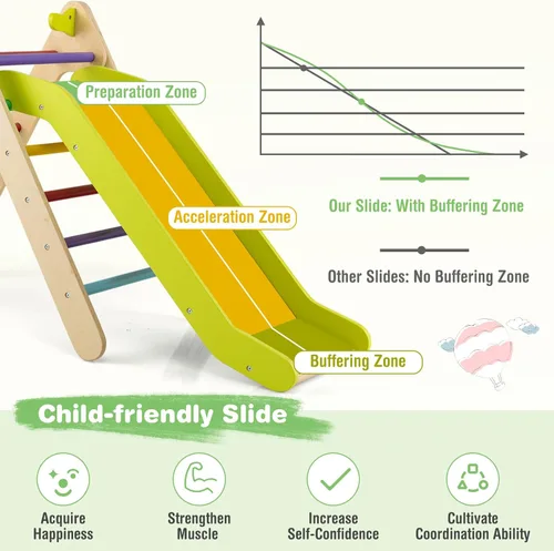 Miniatura 5 de HONEY JOY Escaladora triangular con rampa, escalera triangular para niños para guardería, gimnasio y parque infantil, juguetes de escalada Colorido