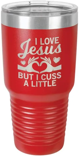Miniatura 17 de Taza de viaje con texto en inglés "I Love Jessus I CUSS A LITTLE Engraved Tumbler", de acero con recubrimiento de polvo grabado con láser, sin BPA