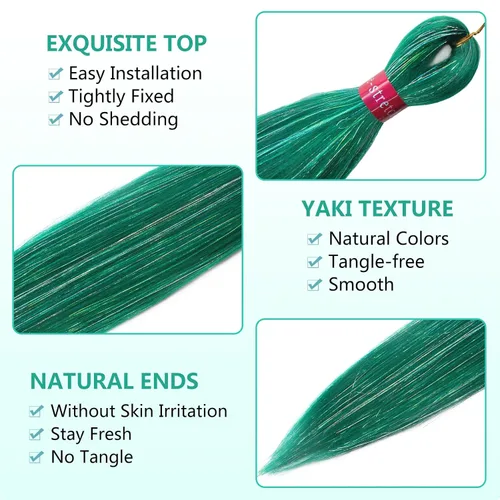 Miniatura 2 de Cabello trenzado verde con lentejuelas de 26 pulgadas, preestirado, trenzas de textura Yaki, extensiones de cabello pre plumadas, 3 paquetes, fácil