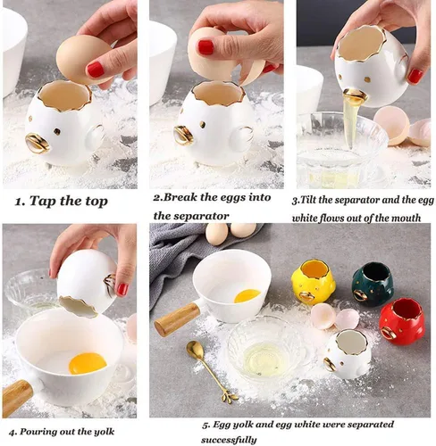 Miniatura 5 de ZOSTLAND Separador de yema de huevo, HQ Creative Ceramics Linda yema de huevo de pollo, blanco, estilo divertido, simple, herramienta de separación
