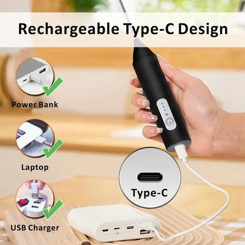 Miniatura 3 de Espumador de leche recargable, mezclador de bebidas de mano, máquina de espuma eléctrica para café con batidor de acero inoxidable y 3 velocidades