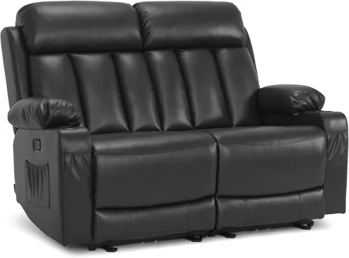 MCombo Sofá de dos plazas reclinable eléctrico con calor y masaje, sofá reclinable para sala de estar, piel sintética 6075 (negro)