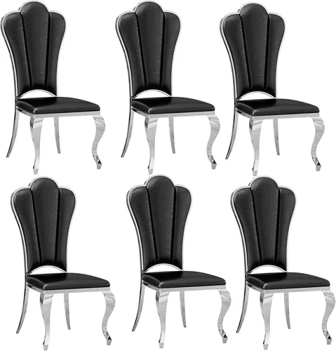 Miniatura 9 de Juego de 2 sillas de comedor de cuero, sillas de cocina tapizadas negras con respaldo alto con patas de acero inoxidable plateadas, modernas sillas