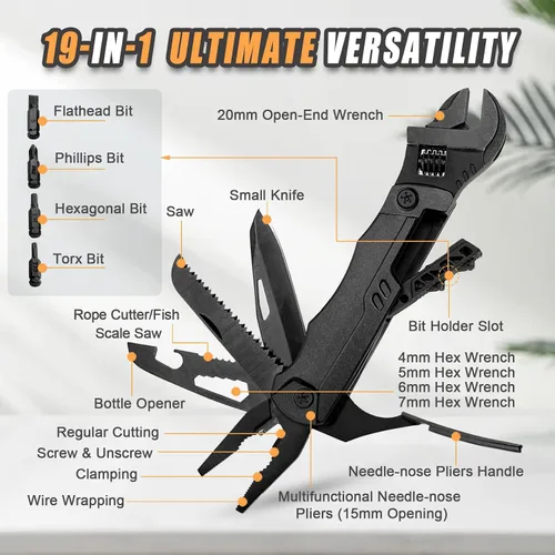 Miniatura 3 de Hanboost Llave multiherramienta 19 en 1 multiusos para equipo de campamento, tamaño de bolsillo, llave ajustable con alicates, cortador de alambre