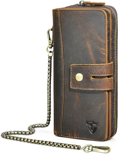 Handadsume Genuino caballo loco cuero viaje regalo moneda bolsillo tarjeta caso largo organizador cadena Rfid monedero con broche para hombres