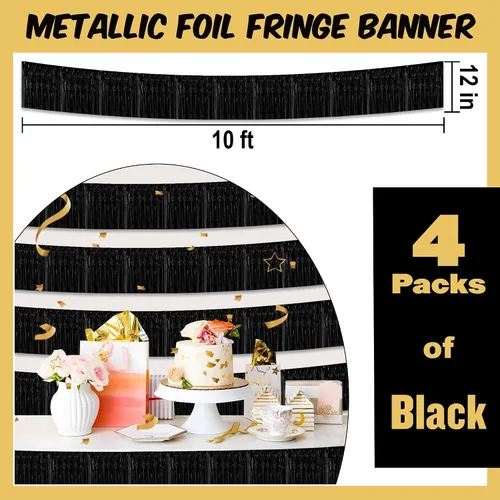 Miniatura 2 de Paquete de 4 guirnaldas de flecos de papel de aluminio negro de 10 pies con serpentinas metálicas de oropel para colgar en la pared, guirnalda