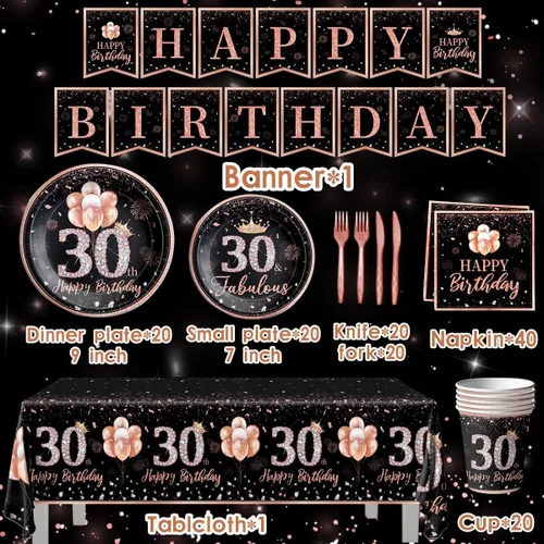 Miniatura 3 de 142 piezas de vajilla de 30 cumpleaños para mujer, suministros de fiesta de cumpleaños de 30 años de color oro rosa para ella, mantel desechable, 30