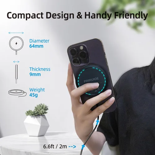 Miniatura 4 de Cargador inalámbrico, 6.5 pies/6.6 ft 15 W Max Fast Magnetic Wireless Charging Pad compatible con iPhone 16/15/14/13/12 con convertidor USB-A, negro