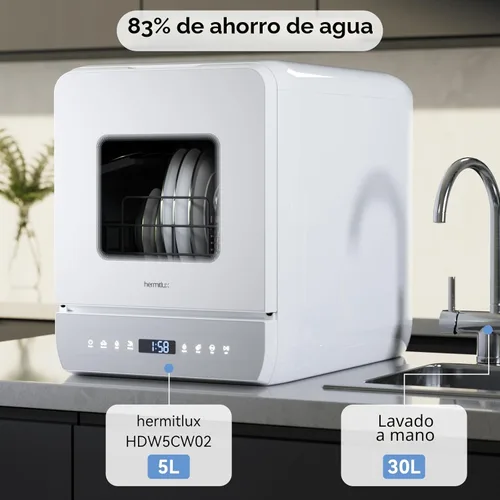 Miniatura 5 de Hermitlux Lavavajillas de encimera, 6 programas de lavado lavavajillas portátil de tamaño delgado