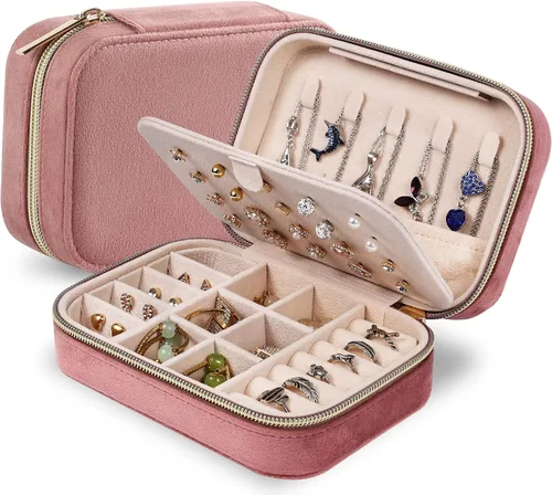 Dajasan Joyero de terciopelo, pequeño estuche de joyería de viaje, organizador de joyas portátil de viaje para mujeres y niñas (rosa)