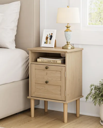 Mesita de noche, mesita de noche bohemia con 1 cajón, mesa auxiliar moderna con estante abierto, mesa auxiliar de noche de madera para dormitorio,