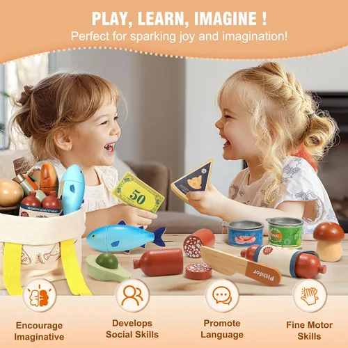 Miniatura 7 de Pithfor Juego de alimentos de madera para niños pequeños, tienda de comestibles, comida de simulación, compras y juegos, accesorios de cocina