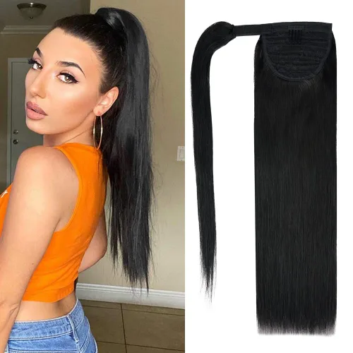 Miniatura 6 de Extensión de cola de caballo de cabello humano #4 marrón chocolate 100% Remy, extensión de cola de caballo recta envolvente alrededor de colas