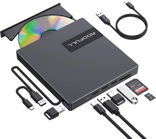Miniatura 13 de ROOFULL Unidad externa de CD DVD USB 3.0 y USB-C con estuche de transporte, portátil USB ROM +/-RW unidad de disco óptico reproductor quemador