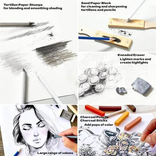 Miniatura 7 de ArtSkills Kit de bocetos, juegos de arte para adultos con juego de lápices y suministros de arte de carbón, lápices de sombreado para dibujar