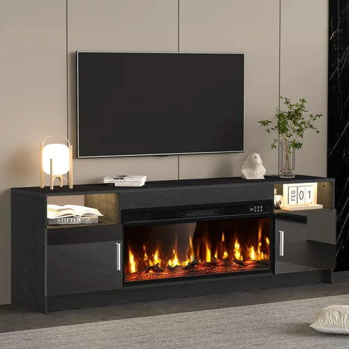 Kucreiheat Soporte de TV negro con chimenea, luces LED, centro de entretenimiento para TV de hasta 80 pulgadas, consola de TV moderna para sala de