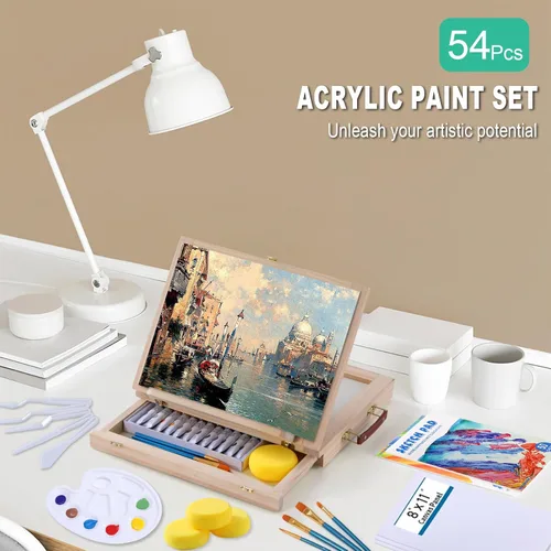 Miniatura 8 de Juego de pintura acrílica de 54 piezas con soporte de caballete de mesa, suministros completos de pintura para principiantes con pinturas acrílicas
