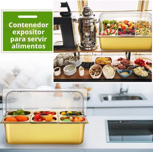 Miniatura 6 de Ziliny Contenedor de exhibición de alimentos para encimera, cubierta superior de rollo transparente, 6 sartenes, acero inoxidable, helado, bufé