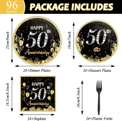 Miniatura 2 de 96 Piezas Platos de Papel Servilletas Tenedores para Fiesta de 50 Aniversario Empleado Carrera Boda 50 Aniversario Oro Negro Vajilla Desechable