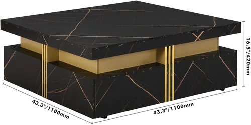 Miniatura 2 de SSLine Moderna mesa de centro cuadrada de color negro y dorado, mesa de centro de cóctel de mármol sintético de lujo con 4 cajones