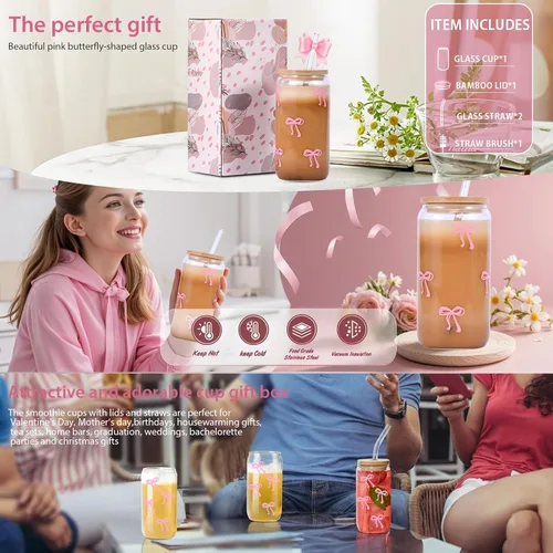 Miniatura 7 de Tazas de vidrio lindas con moño rosa y tapas y popotes, taza estética de café helado, taza de diseño preppy femenino, regalos de cumpleaños y San