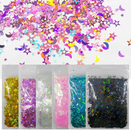 LoveOurHome 6 colores de estrellas y lunas con purpurina gruesa, escamas de resina epoxi, accesorios holográficos, estrellas negras y azules,