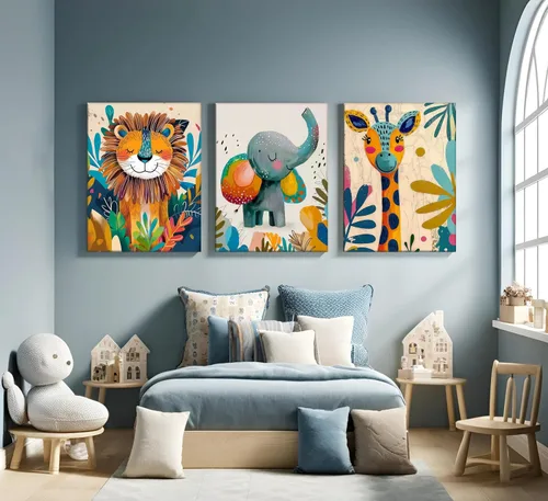Miniatura 4 de 3 piezas de lienzo de animales de safari para guardería, arte de pared, lindo elefante acuarela, jirafa, león, decoración de pared, coloridos Póster