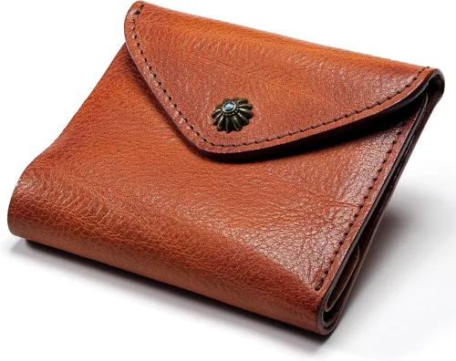 IJUN Billetera pequeña plegable de cuero de grano completo para mujer, piel de vaca curtida vintage, Naranja, Casual