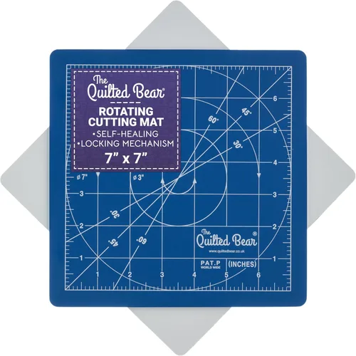 The Quilted Bear Alfombrilla de corte giratoria de 7 x 7 pulgadas, tabla de cortar autorreparable con bloqueo y rotación para costura, tela y Azul
