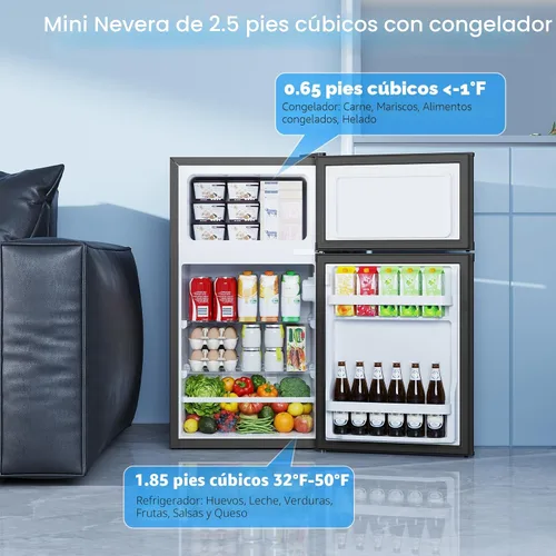 Miniatura 2 de Electactic Mini refrigerador de 2.5 pies cúbicos con congelador, refrigerador compacto de doble puerta, estantes de vidrio ajustables, termostato