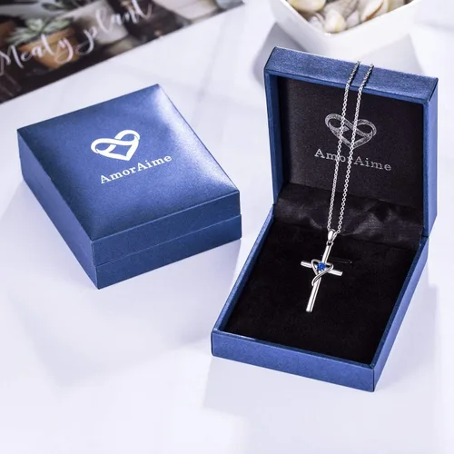 Miniatura 6 de AmorAime Collar con cruz de plata de ley 925 para mujeres y hombres, chapado en oro de 14 quilates, collares de piedra natal de circonita cúbica 5A
