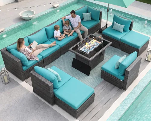 Miniatura 76 de NICESOUL Juego de muebles de patio para exteriores de 7 piezas con mesa para hoguera, gas natural y propano convertible, respaldo alto de 29.3