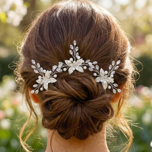 Miniatura 4 de HEREAD Flower Bride - Horquillas para el cabello de boda con perlas plateadas, accesorios para el cabello de hojas para mujeres (paquete de 3)