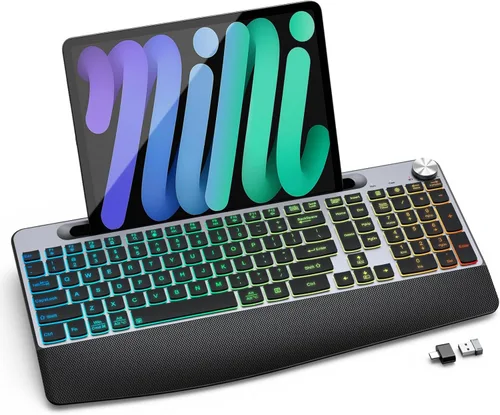 JOYACCESS Ergonomic Wireless Keyboard with Phone Holder,Rechargeable Backlit Wireless Keyboard with Wrist Rest and Volume Knob for Laptop, PC, Mac,
