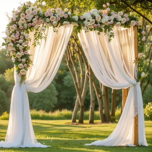 Miniatura 6 de Tela drapeada para arco de boda, 1 panel de 18 pies, cortina de telón de fondo transparente blanco de gasa para boda, arco, ceremonia, cenefa