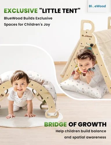 Miniatura 4 de BlueWood Conjunto de Triángulo Pikler con Cojín - Juguetes de Escalada para Niños Pequeños 9-en-1, Gimnasio de Juegos con Filosofía Montessori