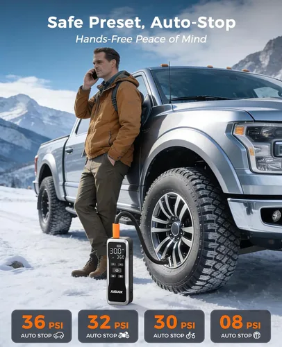 Miniatura 5 de JUSUOX Inflador de neumáticos, compresor de aire portátil, bomba de aire de doble potencia (inalámbrica y 12 V CC) para neumáticos de automóvil