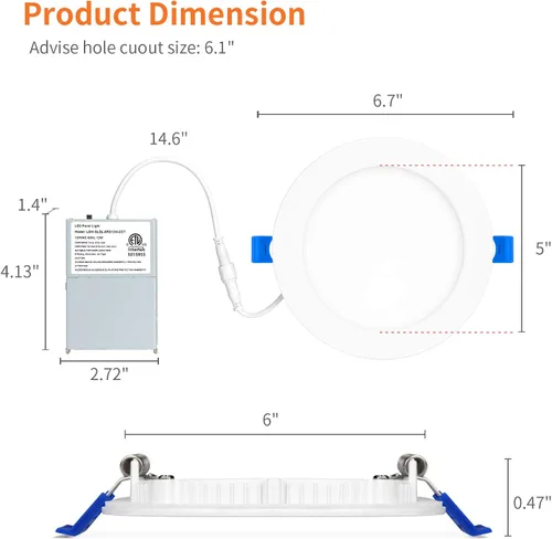 Miniatura 3 de Meconard - Paquete de 6 lámparas de techo empotrables LED ultrafinas de 6 pulgadas, 3000 K/4000 K/5000 K seleccionables, 12 W = 110 W regulables