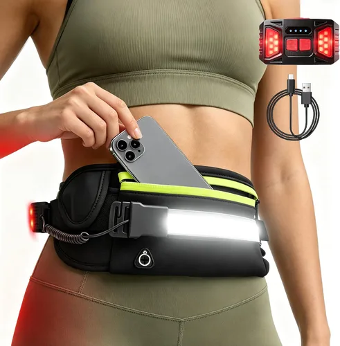 Luz para correr, cinturón de correr de 1000 lúmenes, equipo de correr con luz de noche recargable de 230° para teléfono, bolsa de cintura, luz con
