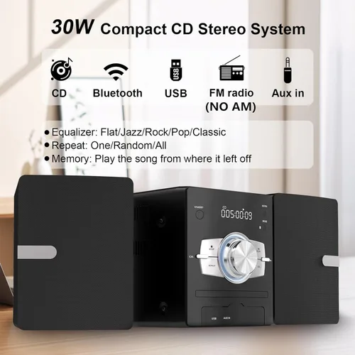 Miniatura 2 de Sistema de estéreo para el hogar con reproductor de CD, radio FM, Bluetooth, entrada AUX, entrada USB, conector para auriculares, control remoto