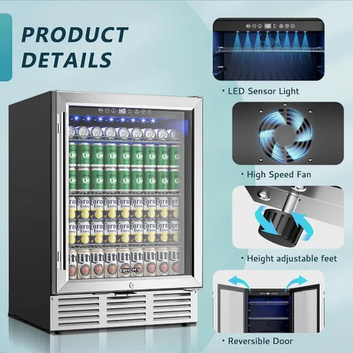 Miniatura 5 de EUHOMY Refrigerador de bebidas de 24 pulgadas, enfriador de bebidas integrado para 180 latas, refrigerador de cerveza debajo del mostrador