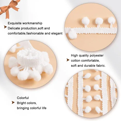 Miniatura 4 de PH PandaHall 22 yardas con pompones de 0.945 in, cinta blanca para coser, borlas de encaje para coser almohada, ropa, manualidades, fiestas, Blanco