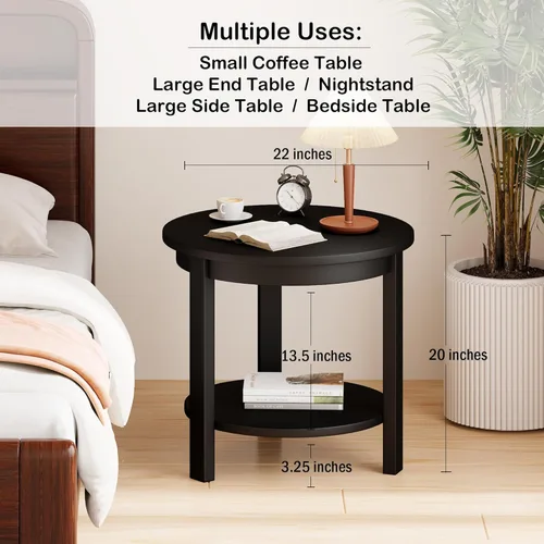 Miniatura 3 de Mesa auxiliar redonda de madera maciza con estante de almacenamiento, 22 pulgadas de ancho x 20 pulgadas de alto, mesa auxiliar de madera moderna
