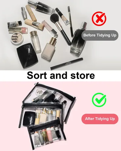 Miniatura 3 de Bolsas de maquillaje transparentes, paquete de 3 pequeñas bolsas de aseo para cosméticos con cremallera, bolsas de viaje transparentes de PVC