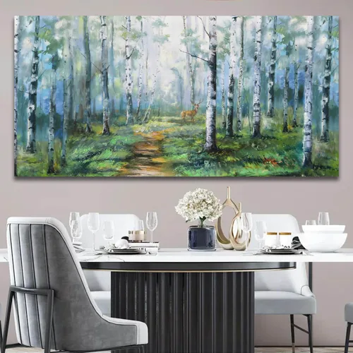 Miniatura 4 de Enartly Arte de pared de paisaje grande para sala de estar y dormitorio, decoración de pared de abedul blanco, lienzo de bosque verde, pintura
